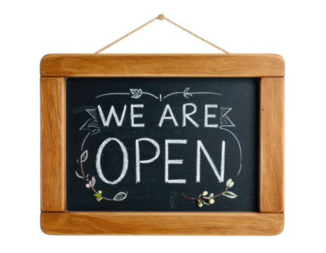 A wooden sign that says "We are open" with a chalkboard background. The sign is hanging on a white background