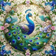 Fototapeta premium Stunning stained glass artwork of a colorful peacock, crafted with vivid detail, ornate shapes, and glowing sunlight reflections. A blend of elegance and decorative tradition.