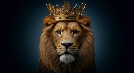 Majestic lion, regal golden crown, dark background. Powerful, serene expression