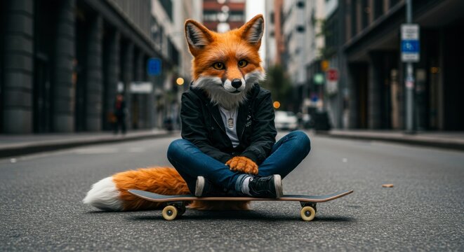 Person wearing fox head costume sits on skateboard in city street