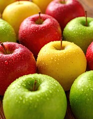 Closeup of Fresh red, yellow and green apples swith Water Droplets