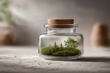 Conceptual Still Life of a Small Green Forest Scene in Glass Jar with Natural Lighting
