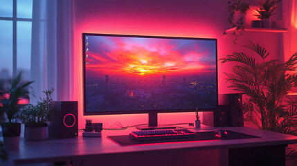 A computer is placed on a table with a screen turned on.