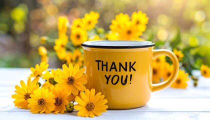 Yellow mug with "Thank You!" on a white table surrounded by flowers