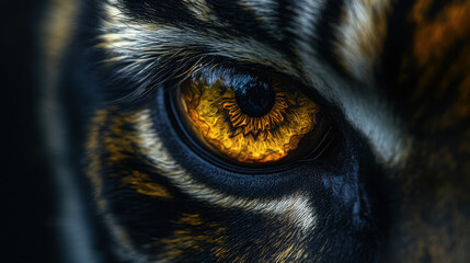 A close-up photo of a single tiger eye, captured from the front, showcasing the intense gaze and intricate details of the eye...