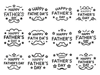 Collection of Black and White Happy Father’s Day Badge Icons Featuring Mustache, Stars, and Decorative Typography for Celebration Graphics and Greeting Card Designs