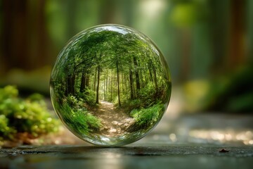 Crystal Ball Reflecting Lush Green Forest Pathway Surrounded by Sunlight