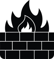 Monochromatic image displaying a roaring fire Silhouette within a simple brick fireplace illustration
