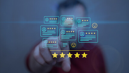 Finger Touching Holographic Five-Star Review Interface