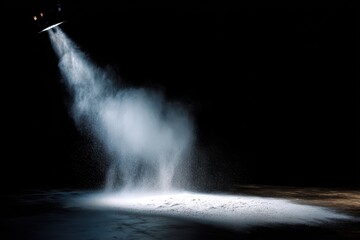 Dramatic stage spotlight creates ethereal atmosphere with swirling fog and shadows for theatrical performances.