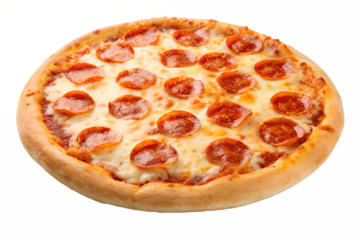 High-resolution PNG image of a classic pepperoni pizza, isolated on a transparent background. Features a crispy crust, melted cheese, and spicy pepperoni slices. Perfect for food delivery promotions.