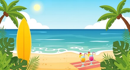 Tropical Beach Paradise: Summer Vacation Getaway with Surfboard and Cocktails