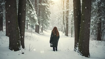 Woman walking through snowy forest path in winter daylight - Powered by Adobe