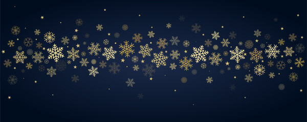 Christmas snowflakes background. Winter gold snow falling, blue minimal decoration with snow flakes and stars, greeting card. Vector illustration