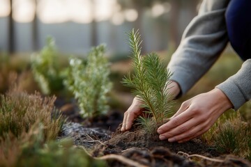Diverse Group of People Engaged in Sustainable Planting Activity During Warm Sunset