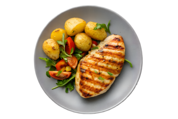 High-resolution PNG image of a grilled chicken steak, isolated on a transparent background. Features juicy, golden-brown chicken breast with grill marks, often accompanied by herbs or light garnish.