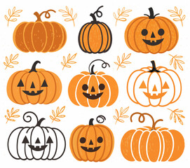 Set of 6 Halloween Pumpkins with Unique Carved Faces – Vector Illustration on White Background

