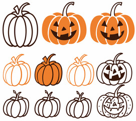 Set of 6 Halloween Pumpkins with Unique Carved Faces – Vector Illustration on White Background

