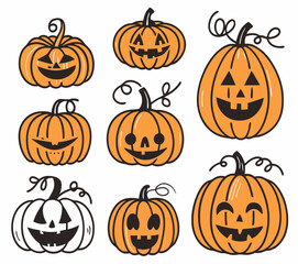 Set of 6 Halloween Pumpkins with Unique Carved Faces – Vector Illustration on White Background

