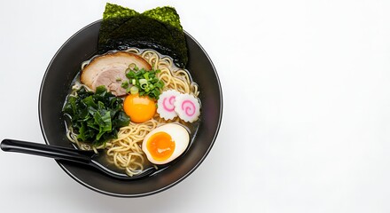 Japanese Ramen Noodle Soup with Pork and Egg Served on White Background Represents Asian Cuisine and Warm Comfort Food