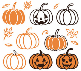 Set of 6 Halloween Pumpkins with Unique Carved Faces – Vector Illustration on White Background

