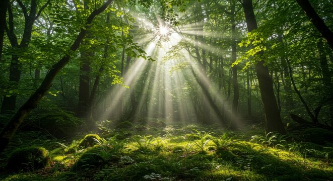 Sunbeams pierce a misty forest, illuminating lush green foliage and ferns on the forest floor