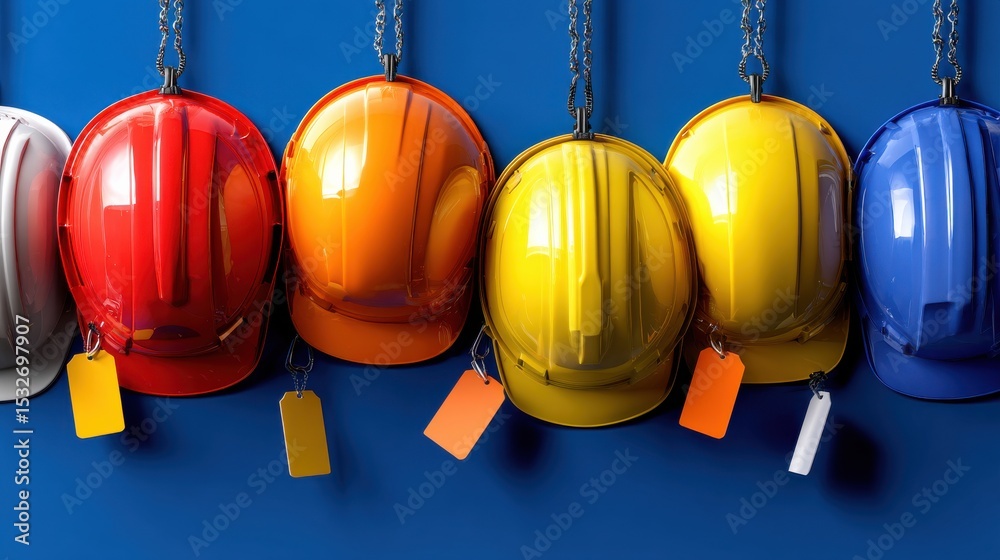 Poster A row of safety helmets with tags on them