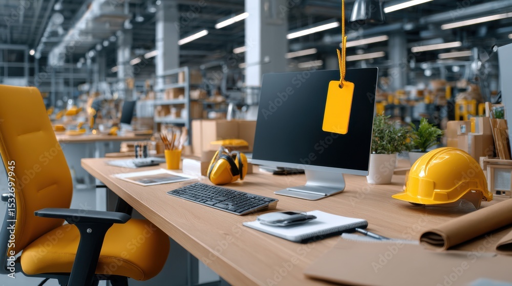Poster A yellow chair sits in front of a computer monitor with a yellow tag on it
