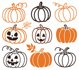 Set of 6 Halloween Pumpkins with Unique Carved Faces – Vector Illustration on White Background

