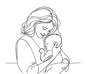 Abstract mother with a child in continuous one line drawing art style. Mother s Day card. Woman hugging her baby