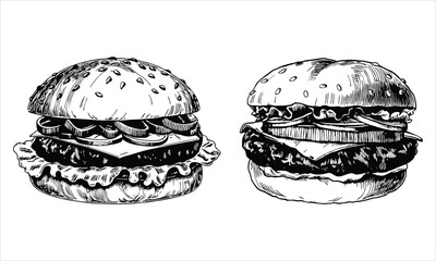 Two burgers isolated on white background in a sketch style