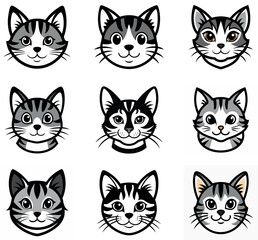 Set of Cute Cartoon Tabby Cat Head Mascots and Icons