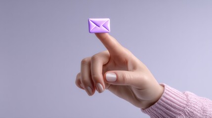 A hand holding a purple envelope with a finger on it
