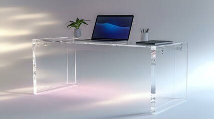 Transparent acrylic desk with laptop setup and soft gradient lighting in clean empty room
