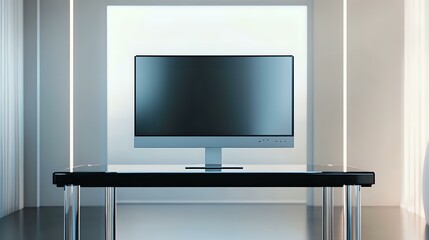 Slim PC monitor on a sleek black glass table with LED ambient lighting and clear surroundings