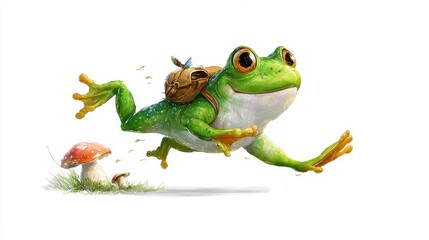 Obraz premium A whimsical green frog, carrying a backpack, leaps energetically across a white background, near a mushroom.