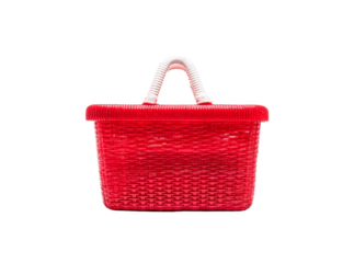 Red plastic wicker picnic basket with white handle, Isolated On Transparent Background
