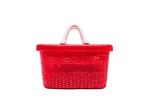 Red plastic wicker picnic basket with white handle, Isolated On Transparent Background