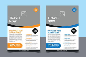 orange and blue travel flyer designs with modern layout and promotional text for discovering new adventures	