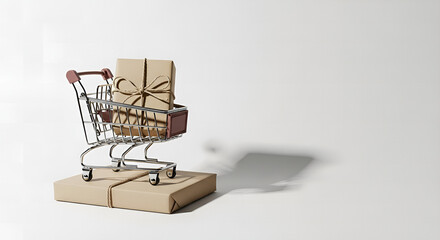 Eco-Friendly Online Shopping: Minimalist Cart with Sustainable Gift Packaging with white background 