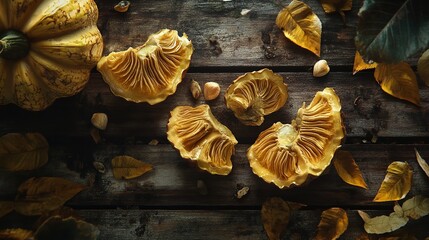 Close-Up View of Golden Mushrooms on Dark Wood