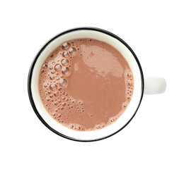 Tasty chocolate milk in cup isolated on white, top view