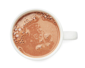 Tasty chocolate milk in cup isolated on white, top view