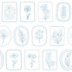 Primitive minimalist vector seamless pattern. Doodle floral print on a white background. Design for paper, textile and fabric.