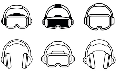 Black and White Line Art Illustration Featuring Various Styles of VR Headsets and Headphones