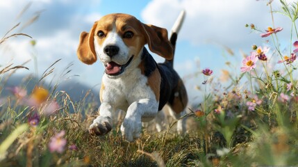 A happy beagle dog running through a field of wildflowers and tall grass.