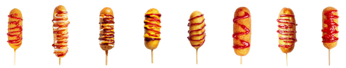 Flat lay view set of corn dogs with sauce isolated on transparent background