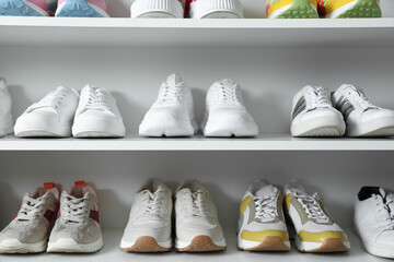 Different footwear on shelves indoors, closeup. Shoe storage