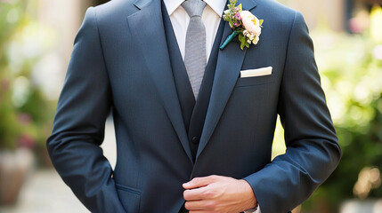 A man in a dark blue suit with a white shirt and a floral boutonniere, standing outdoors with greenery in the background.