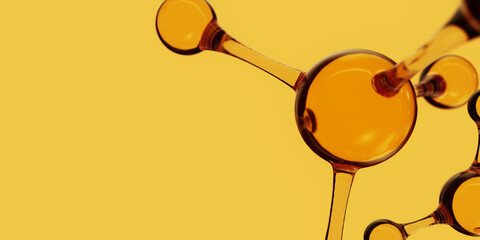 3d Abstract golden glass molecular structures. Cosmetic collagen serum, essence oil, vitamin, hyaluronic acid for skin care. Healthcare concept